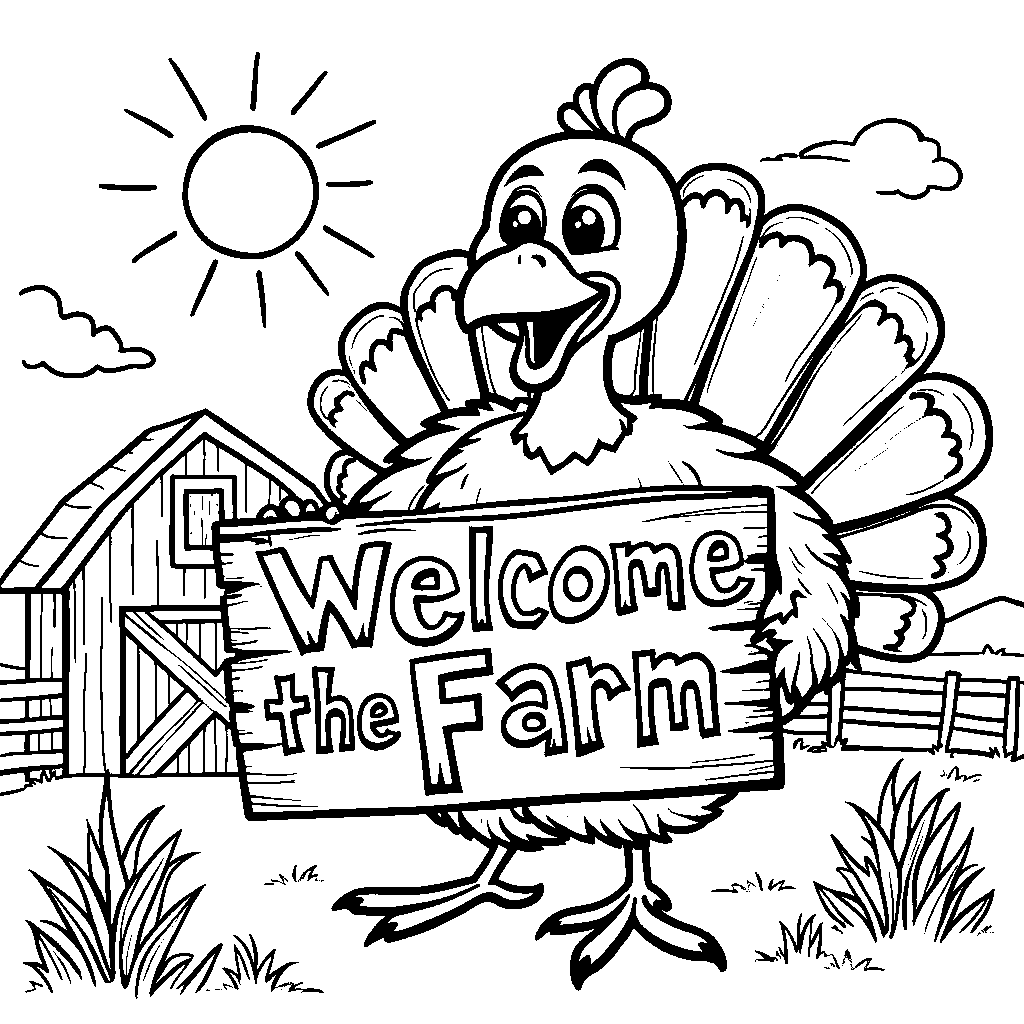 A turkey holding a 'Welcome to the Farm' sign