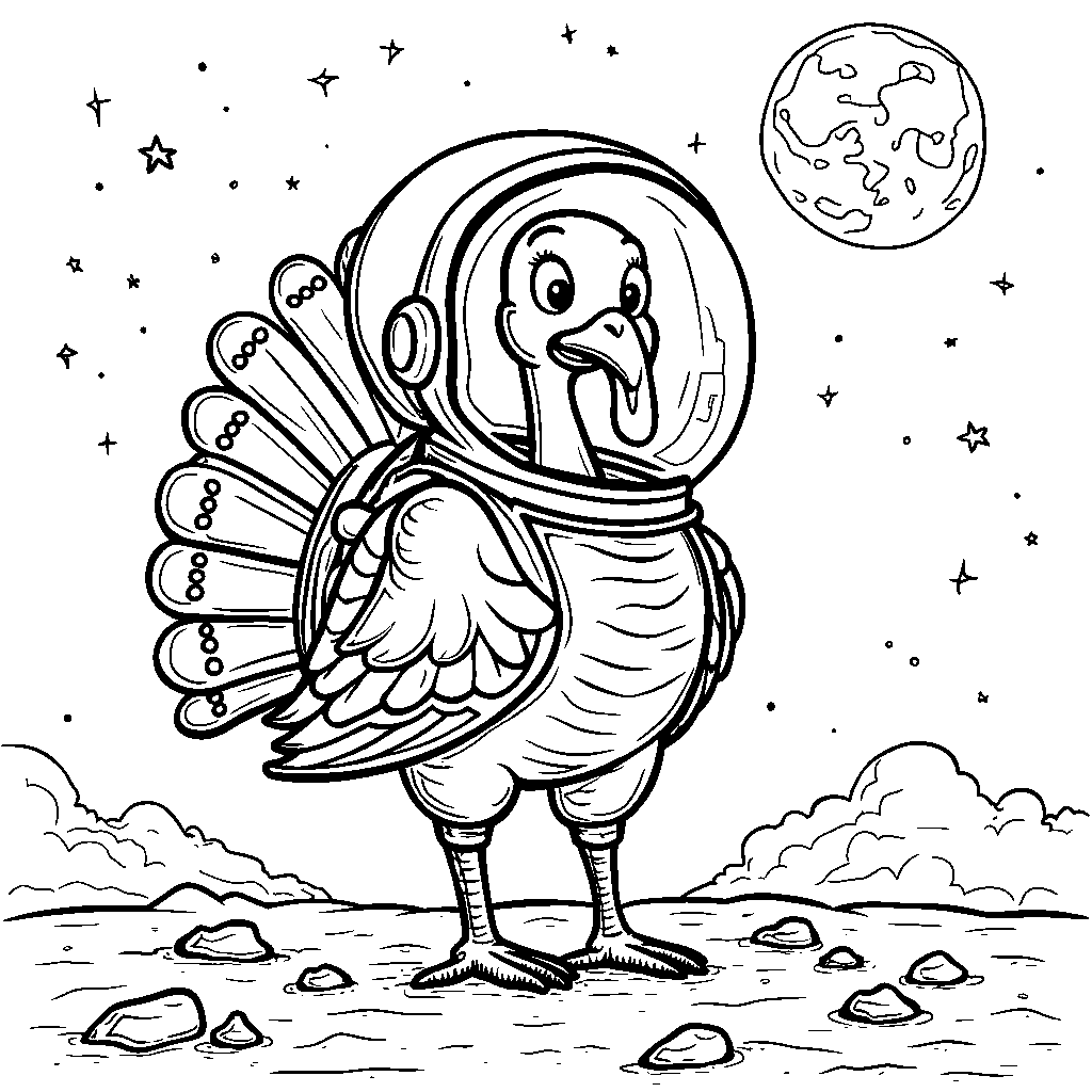 A turkey in a space helmet exploring the moon