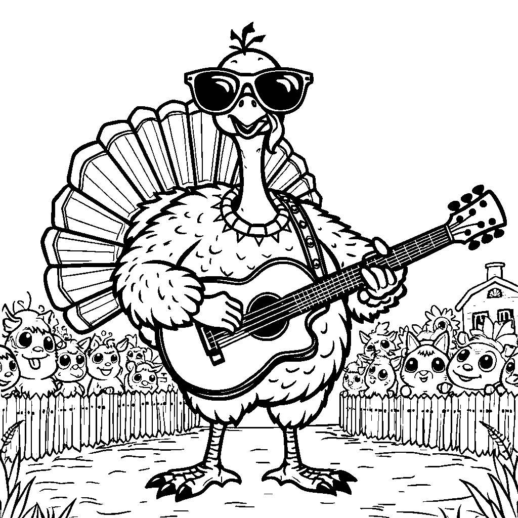 A turkey playing a guitar at a farm concert