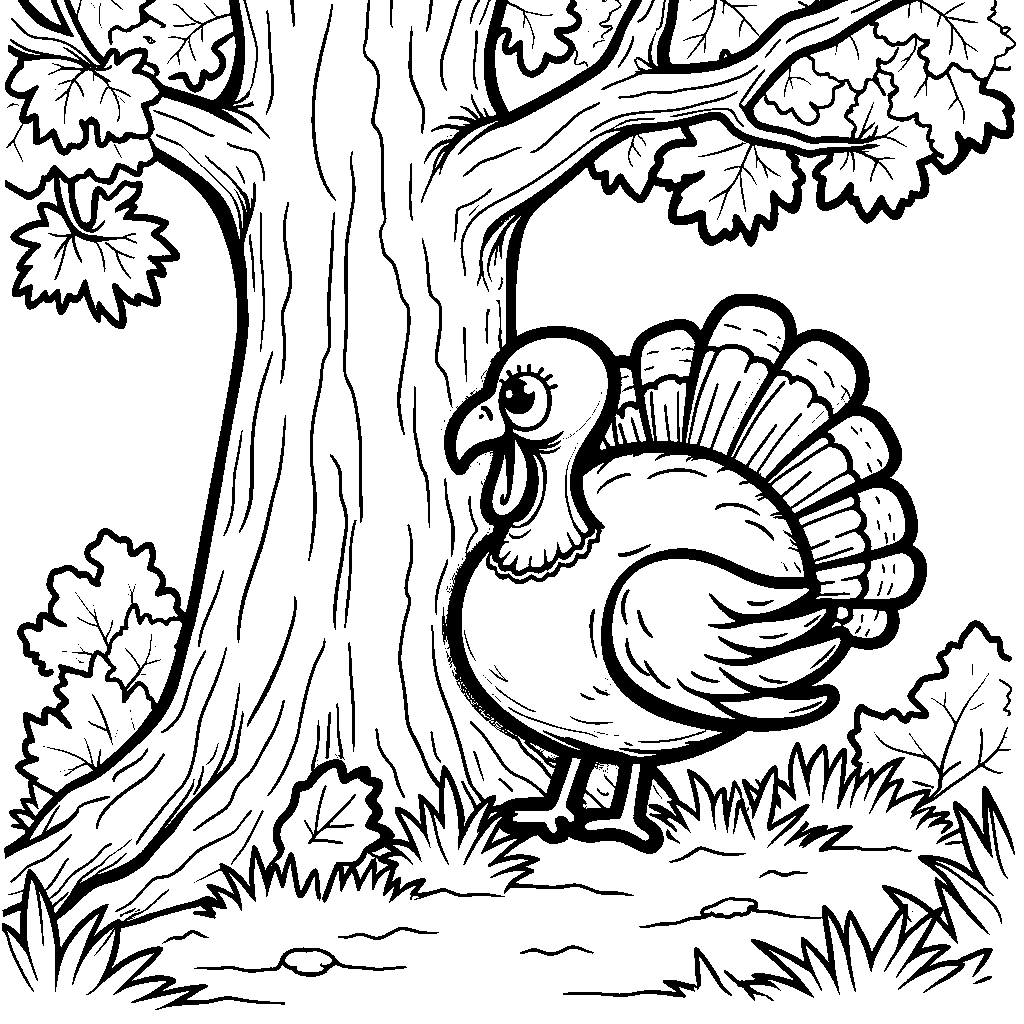 A turkey playing hide-and-seek behind a tree