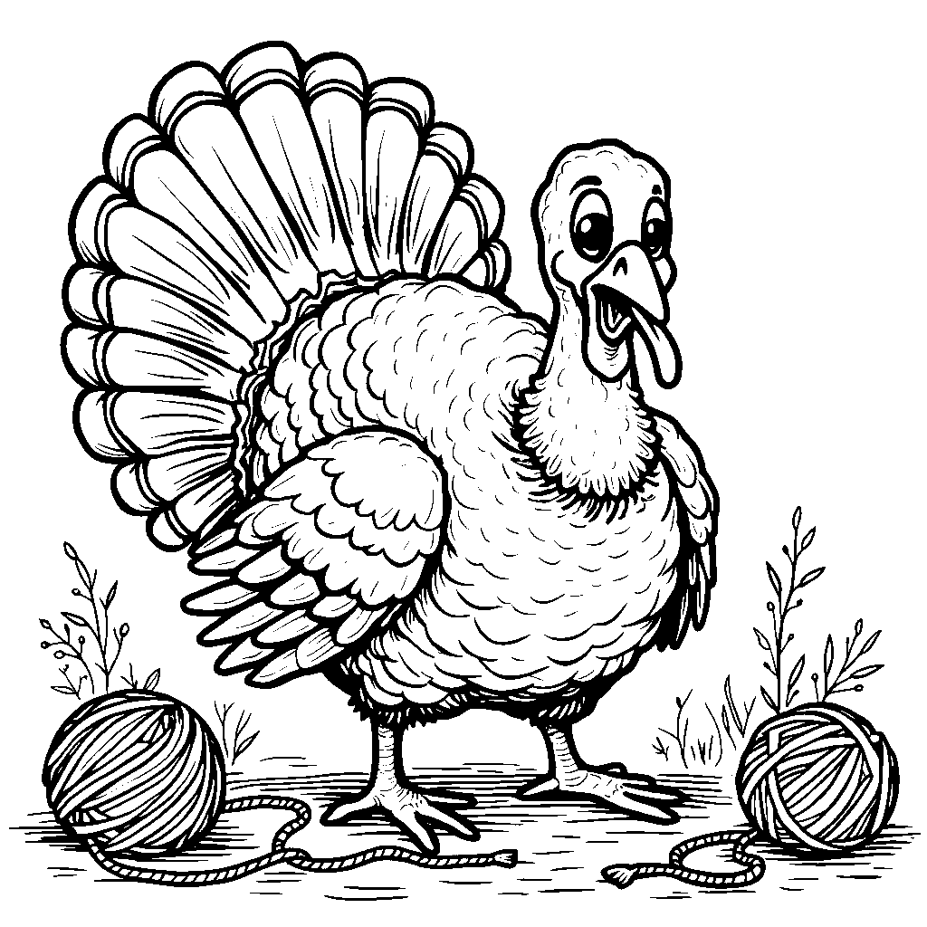 A turkey playing with a ball of yarn