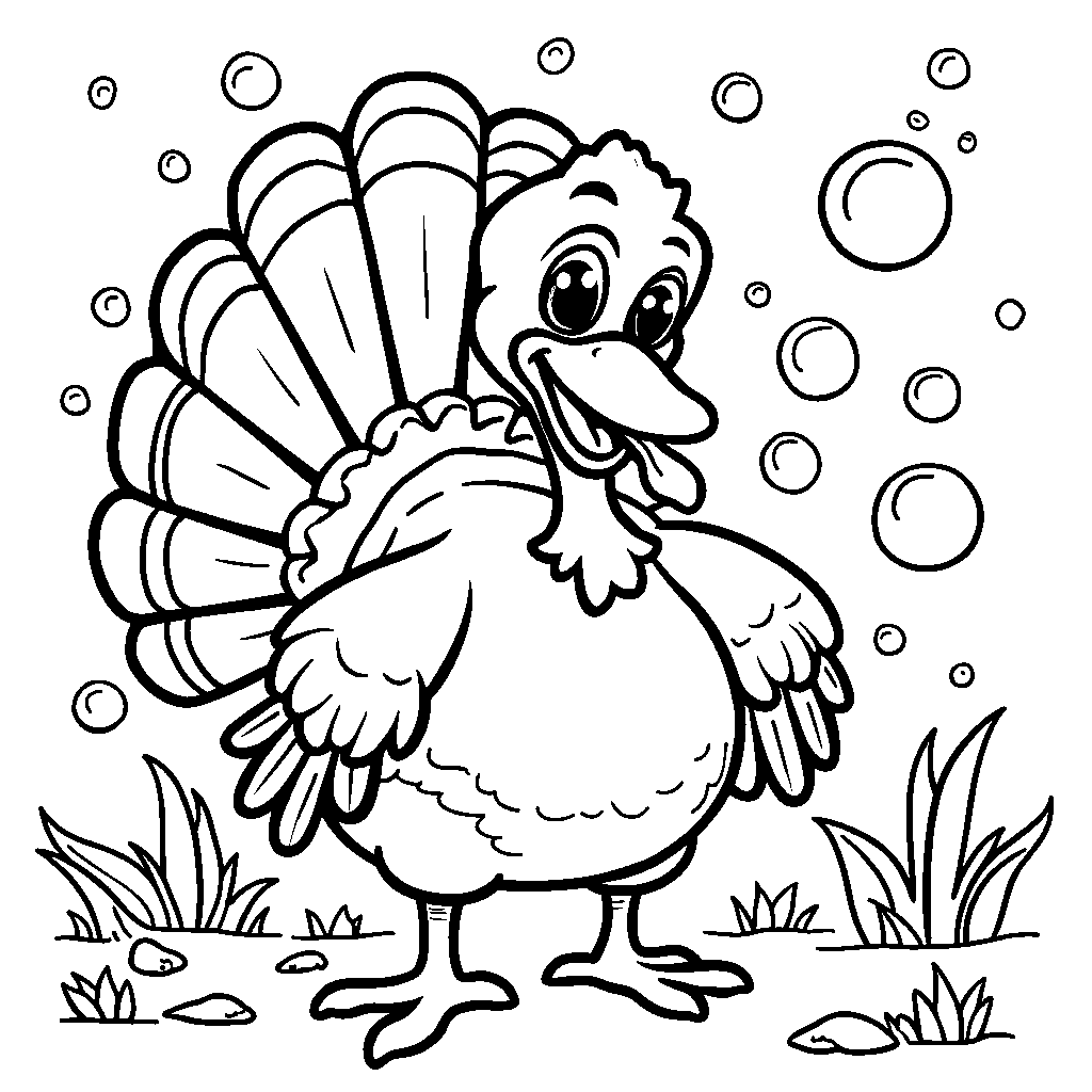 A turkey playing with a bubble machine