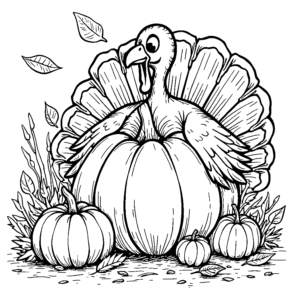 A turkey playing with a pumpkin in a patch