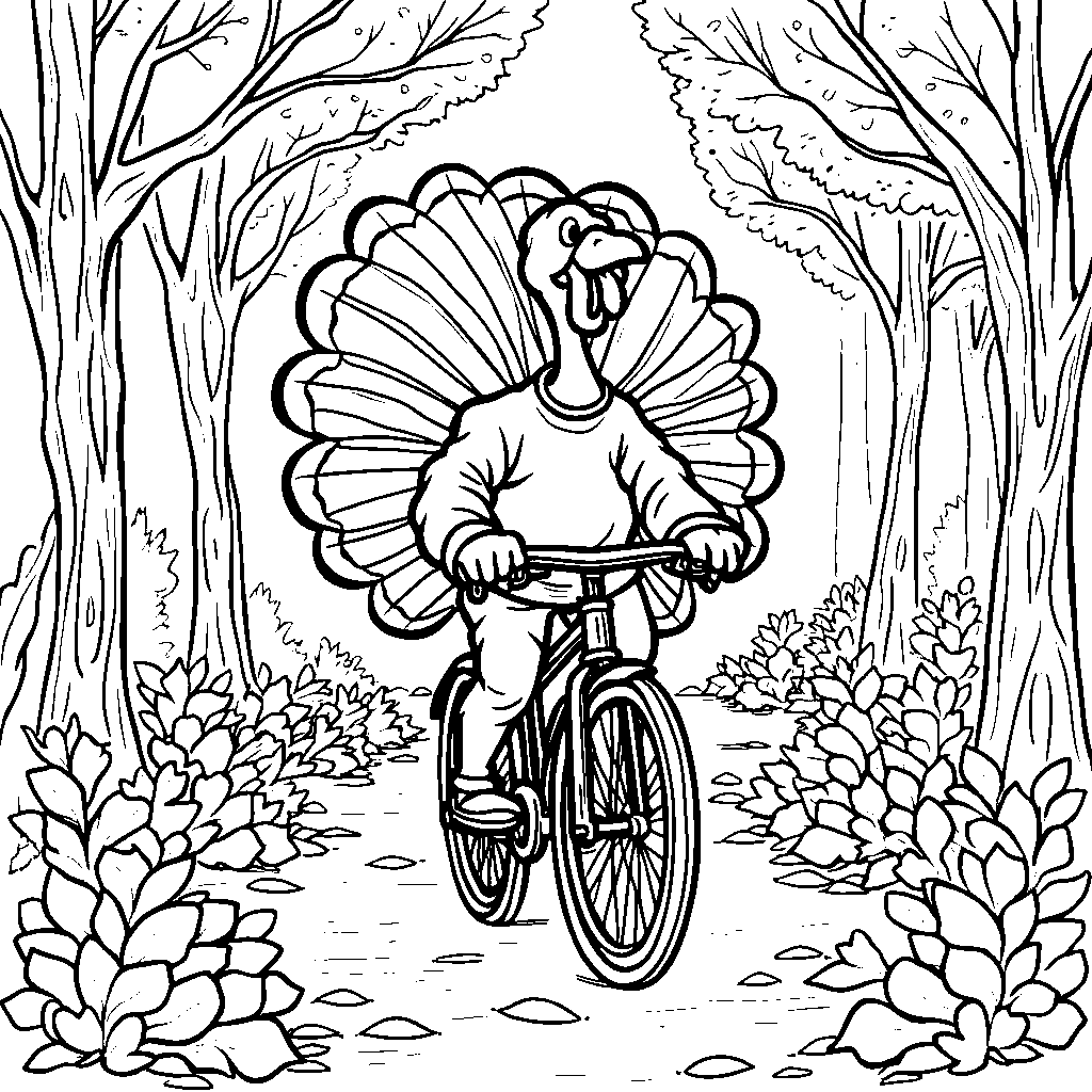 A turkey riding a bike through the forest