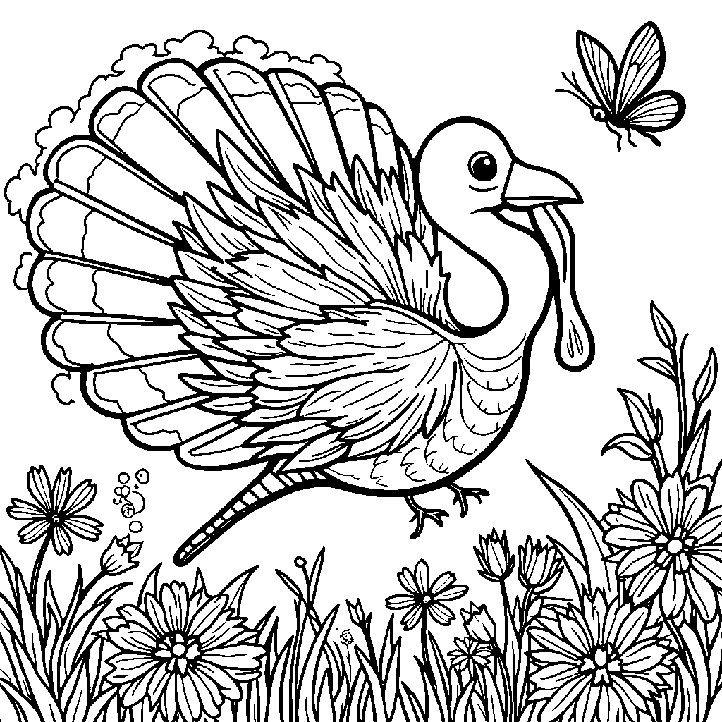 A turkey riding a dragonfly through the garden