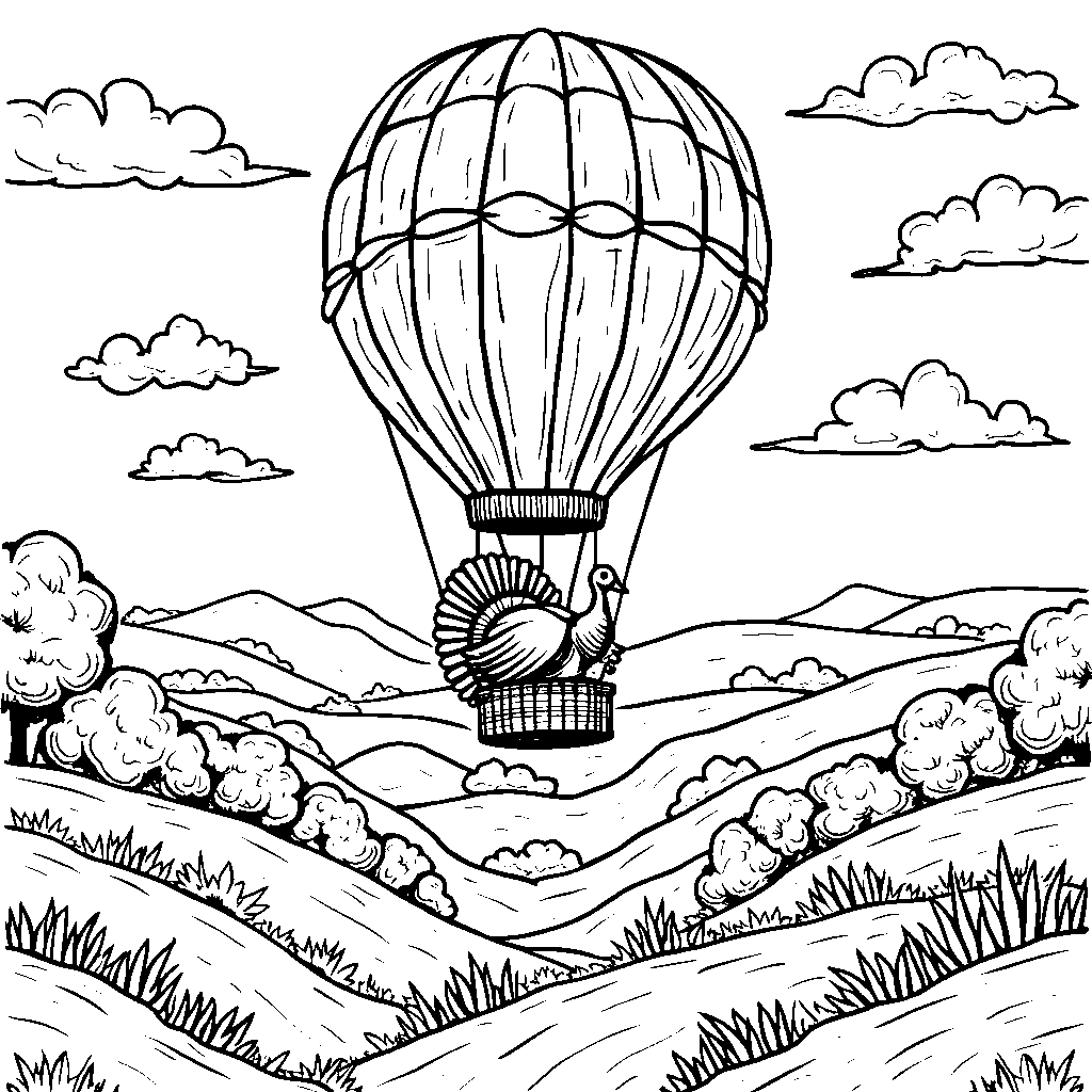 A turkey riding a hot air balloon over the countryside