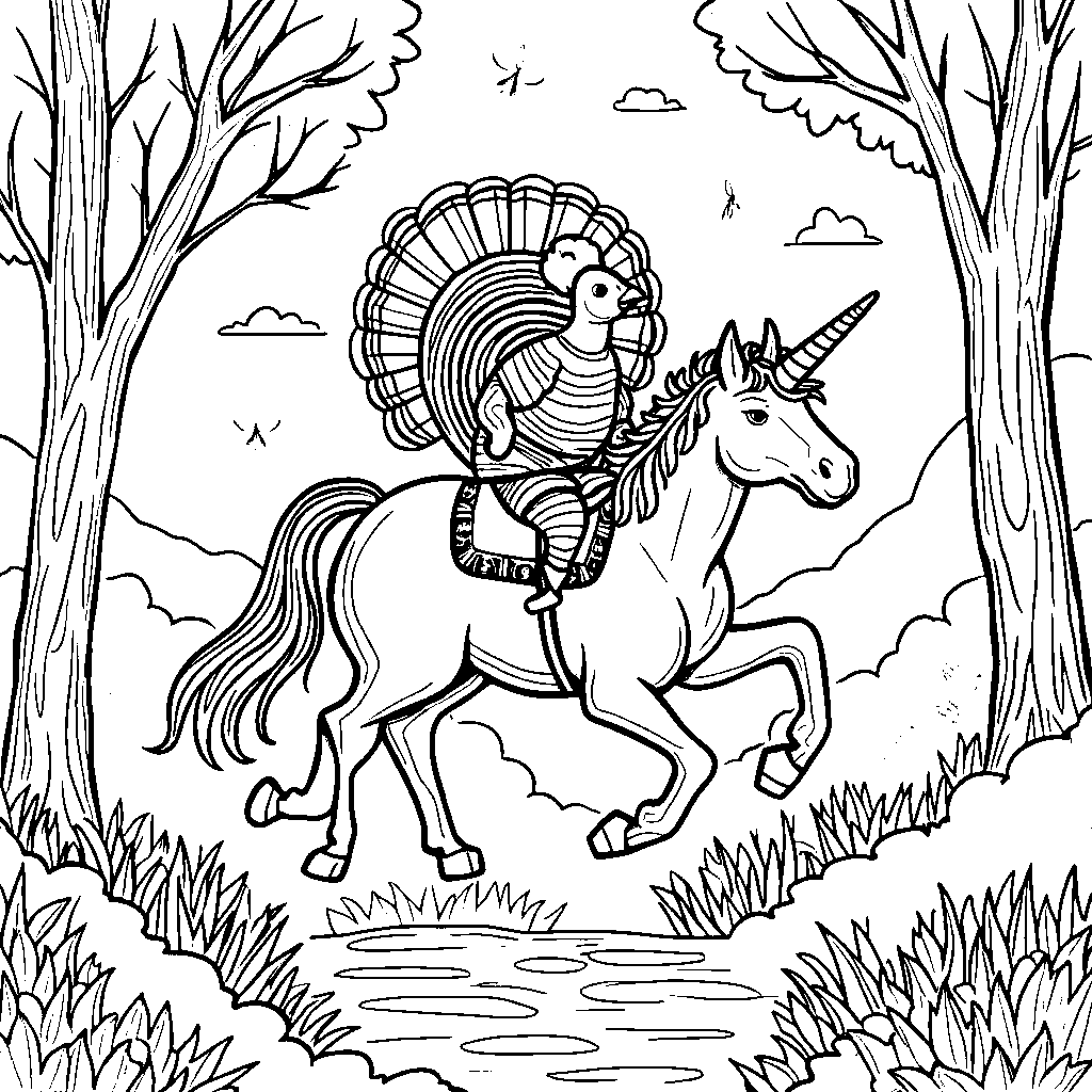 A turkey riding a unicorn through a magical forest