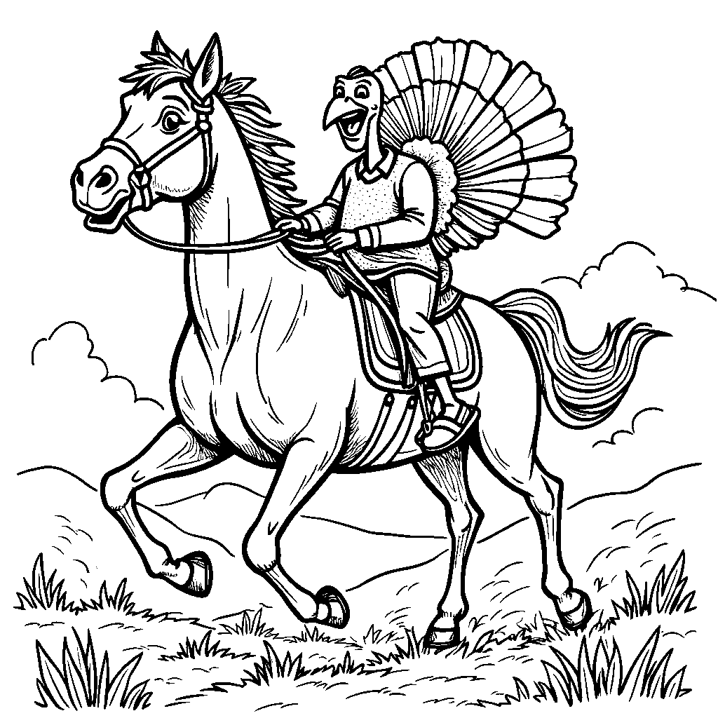 A turkey riding on the back of a horse