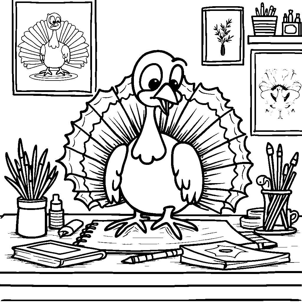 A turkey sitting at a desk with a pencil and paper