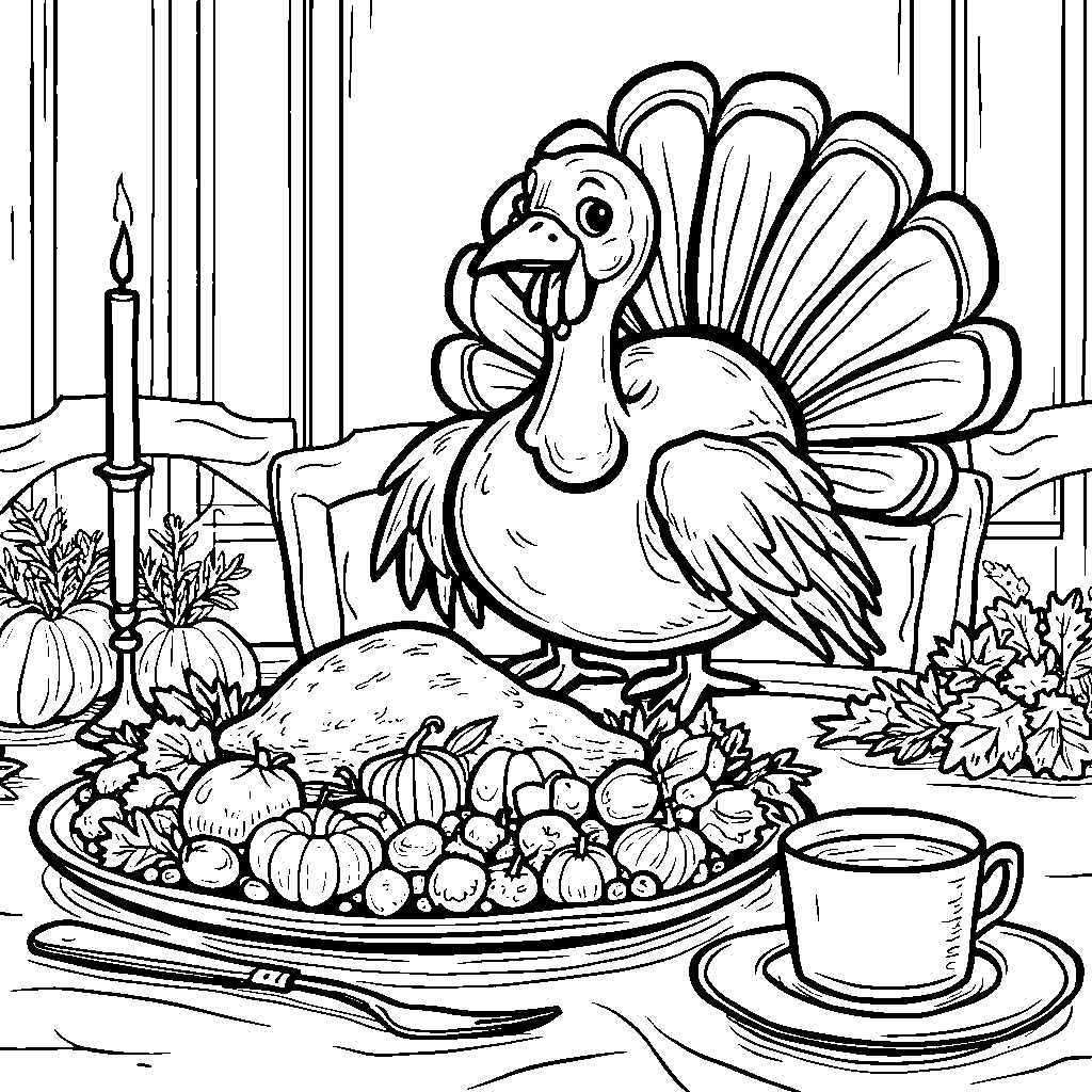 A turkey sitting at a table with a plate of food