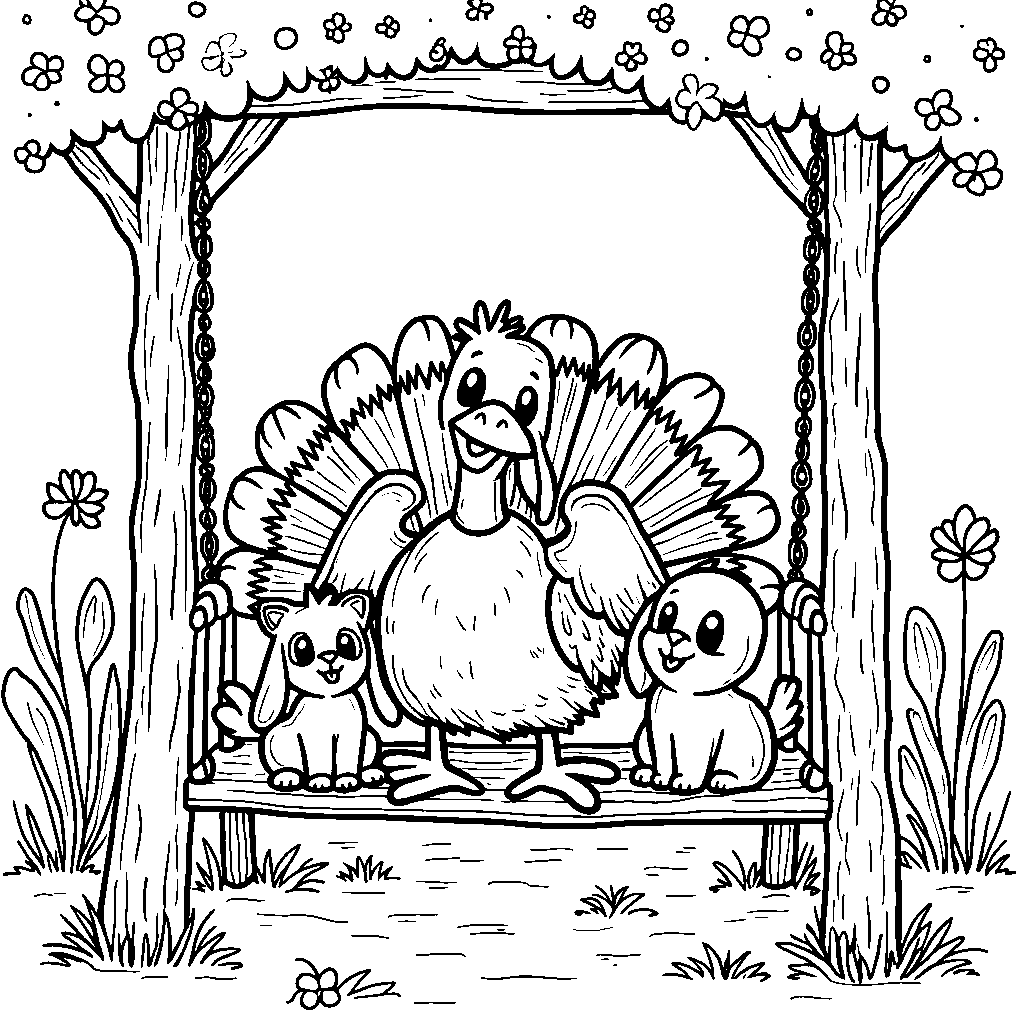 A turkey sitting on a porch swing with friends