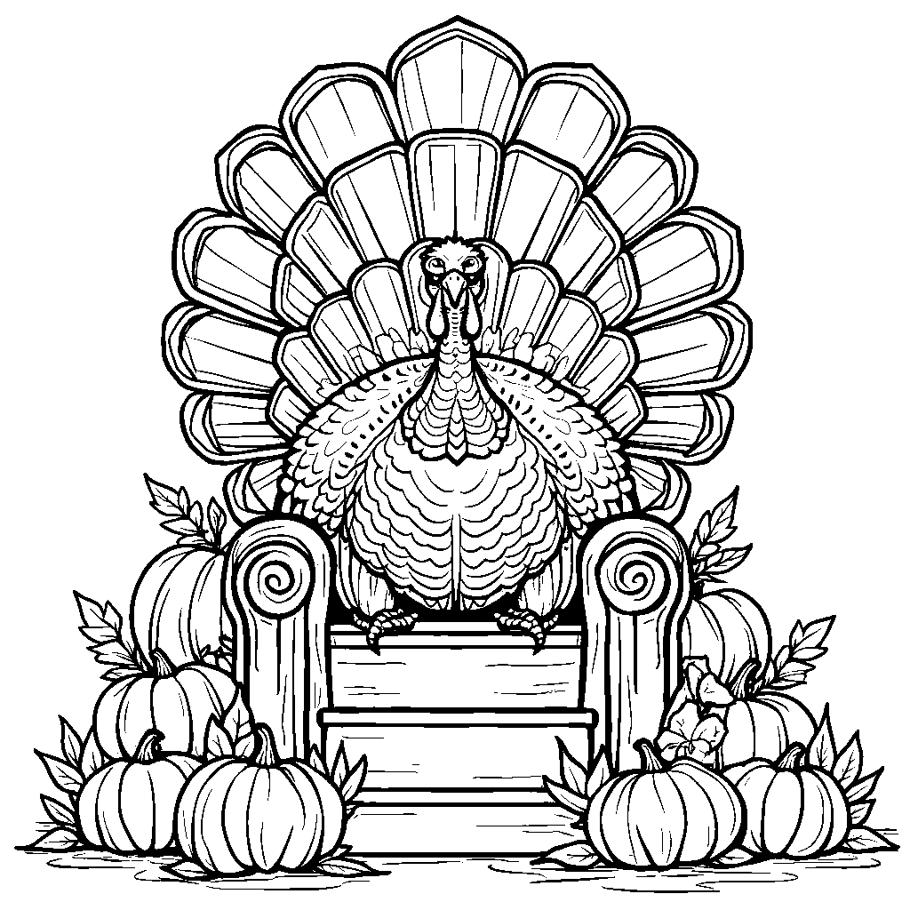 A turkey sitting on a throne made of pumpkins