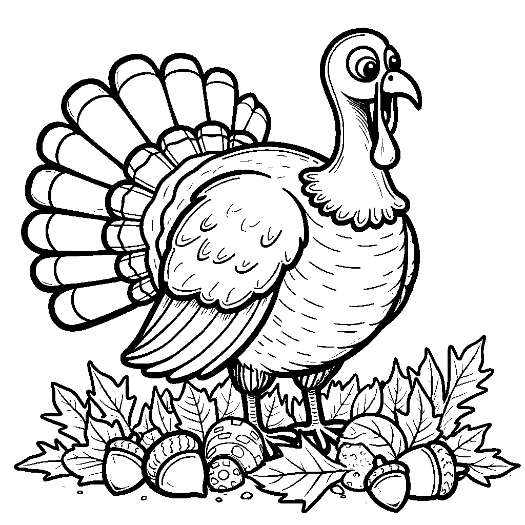 A turkey surrounded by fall leaves and acorns