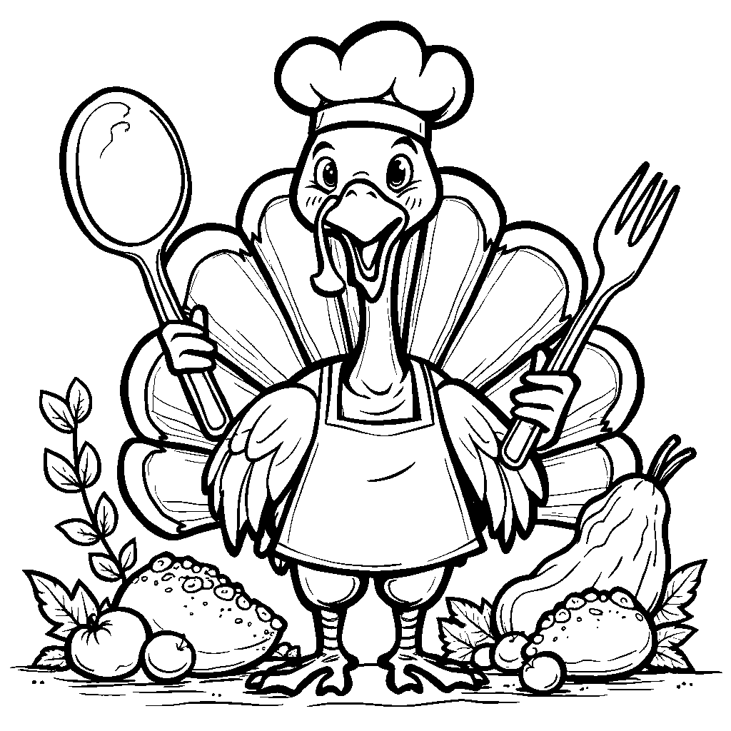 A turkey wearing a chef's hat and holding a spoon