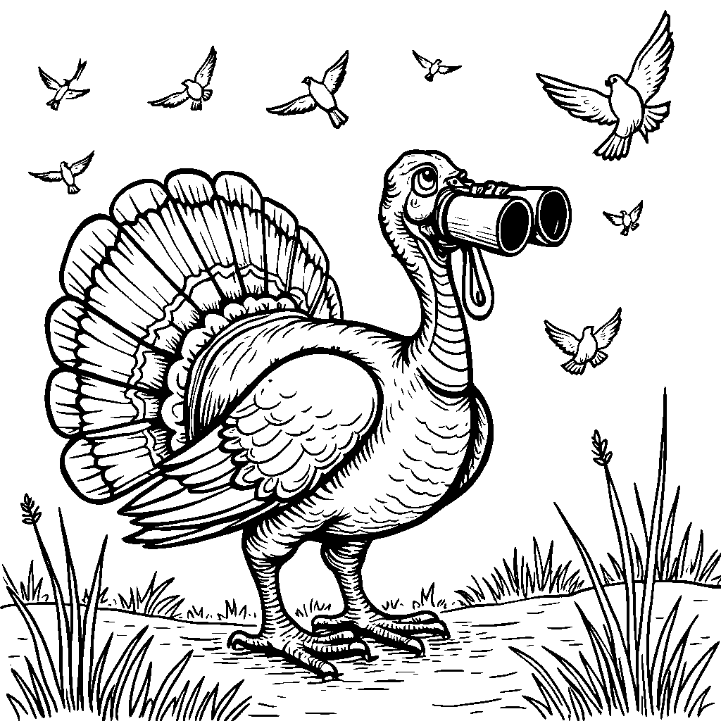 A turkey wearing a pair of binoculars and looking at birds