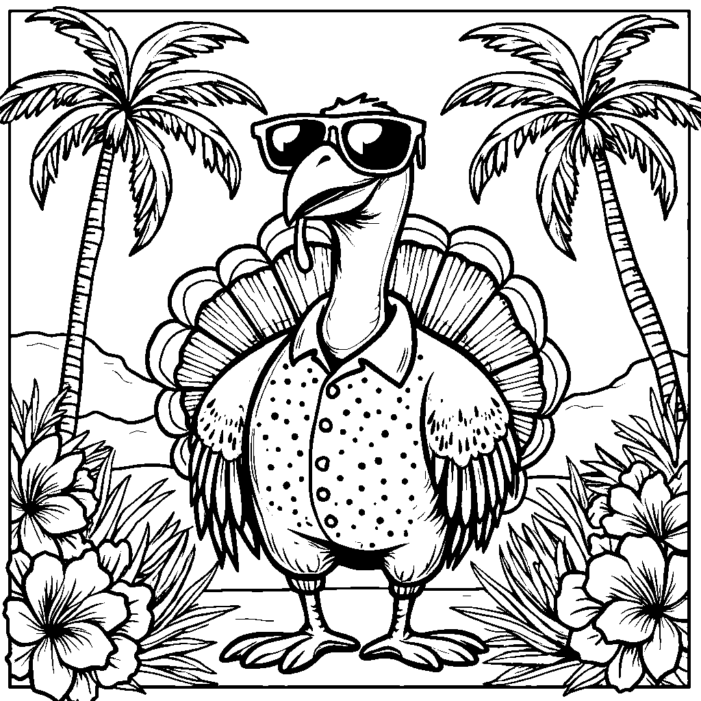 A turkey wearing a pair of sunglasses and a Hawaiian shirt