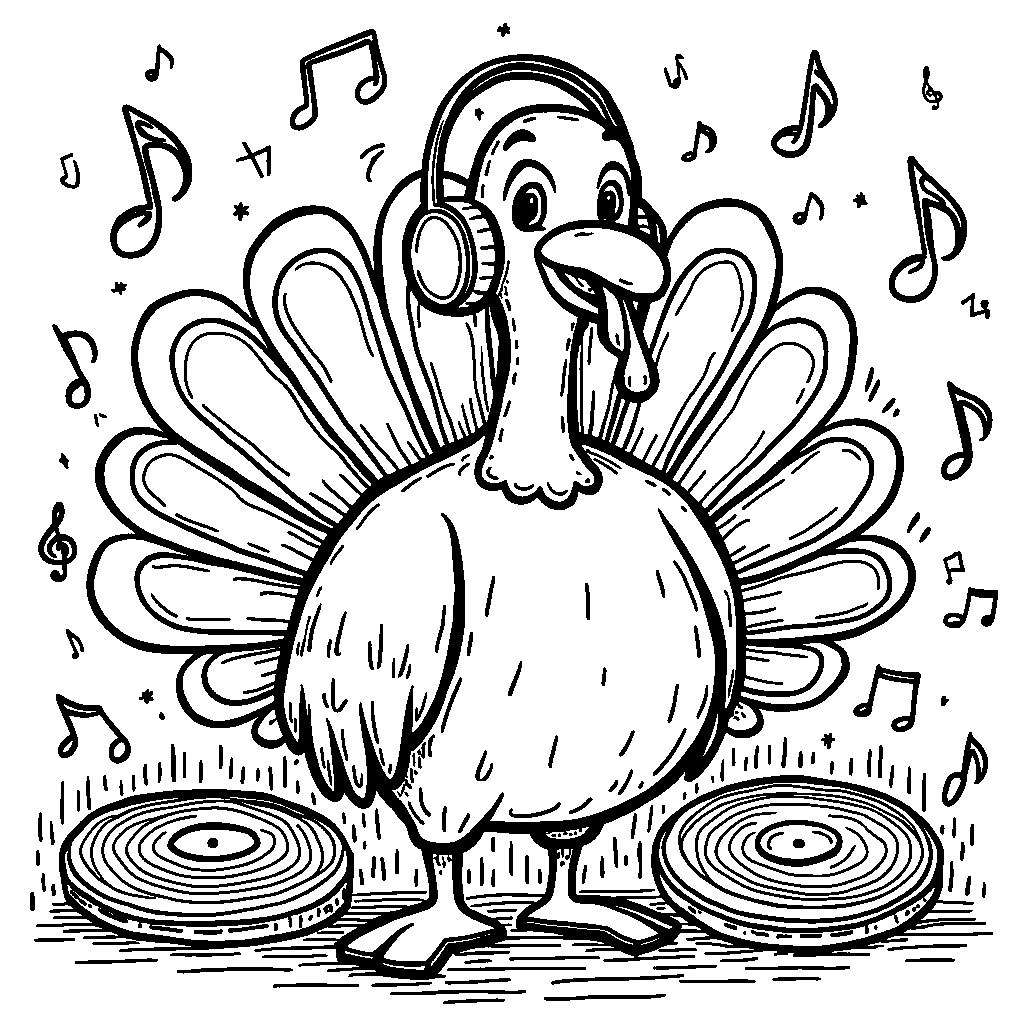 A turkey wearing a pair of headphones and listening to music