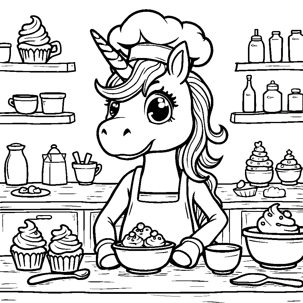 Unicorn baking cupcakes with colorful sprinkles