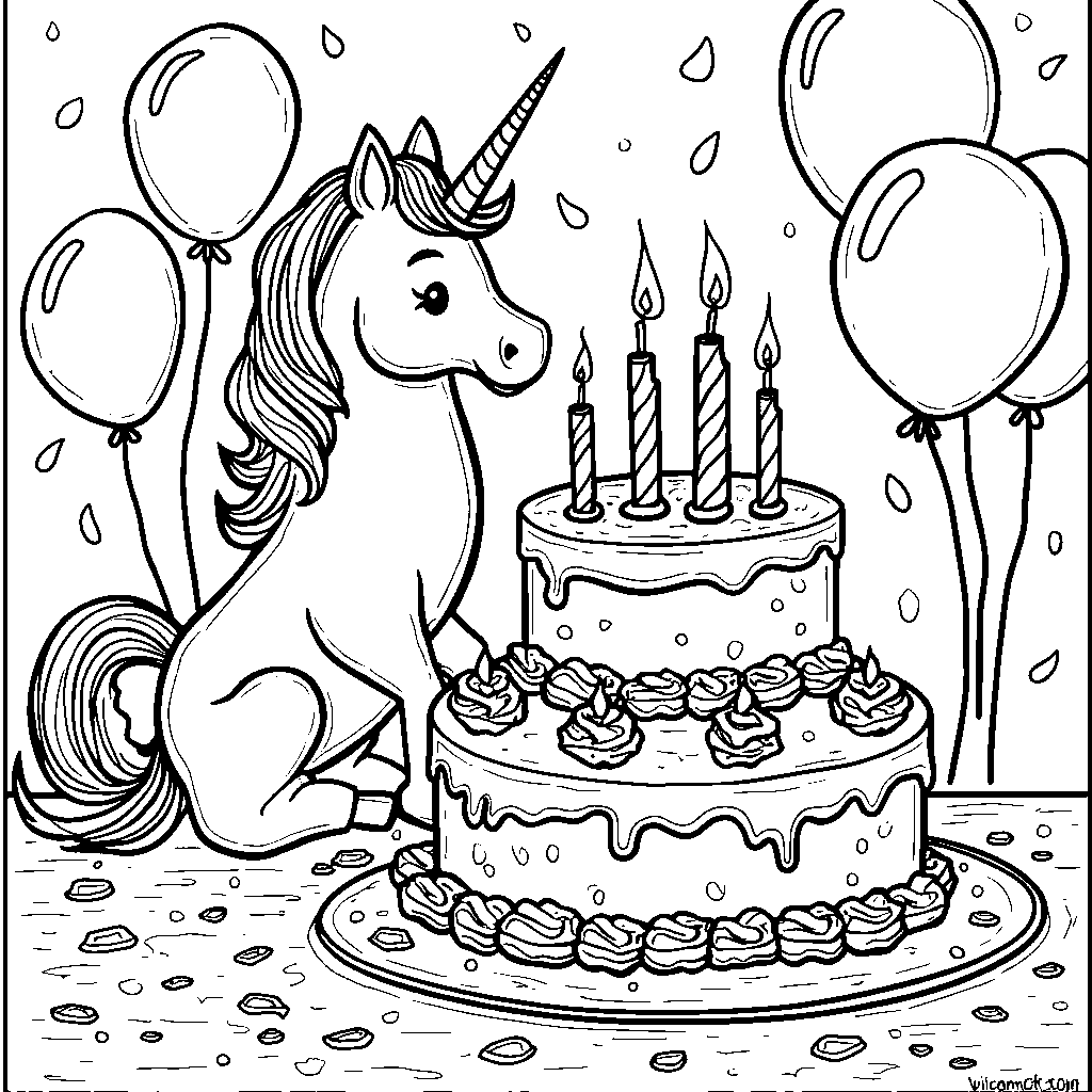 Unicorn blowing out candles on a birthday cake