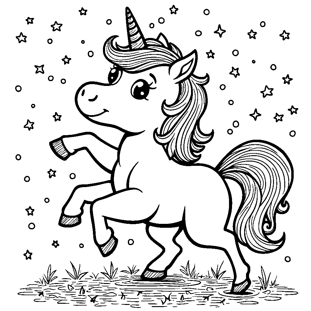 Unicorn dancing under a shower of confetti