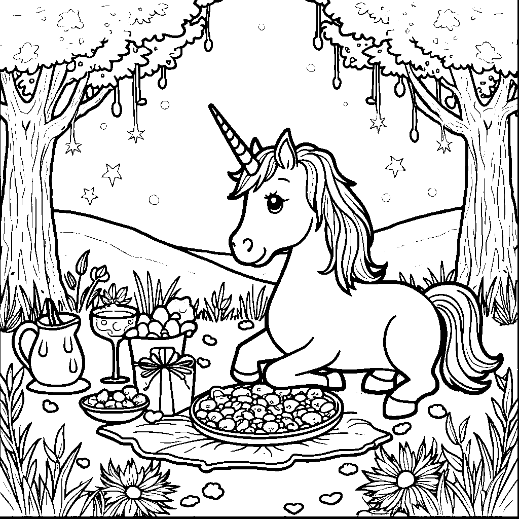 Unicorn having a picnic with a basket full of rainbow-colored food