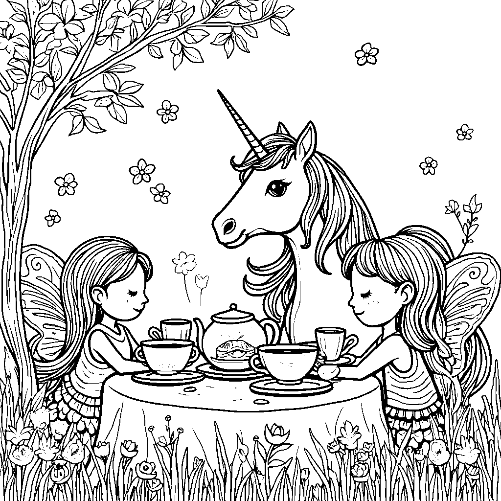 Unicorn having a tea party with fairy friends