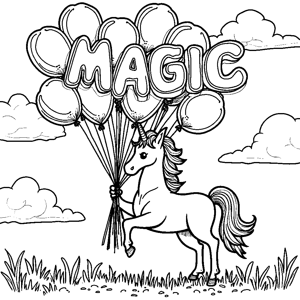 Unicorn holding a bouquet of balloons that spell out 'MAGIC'