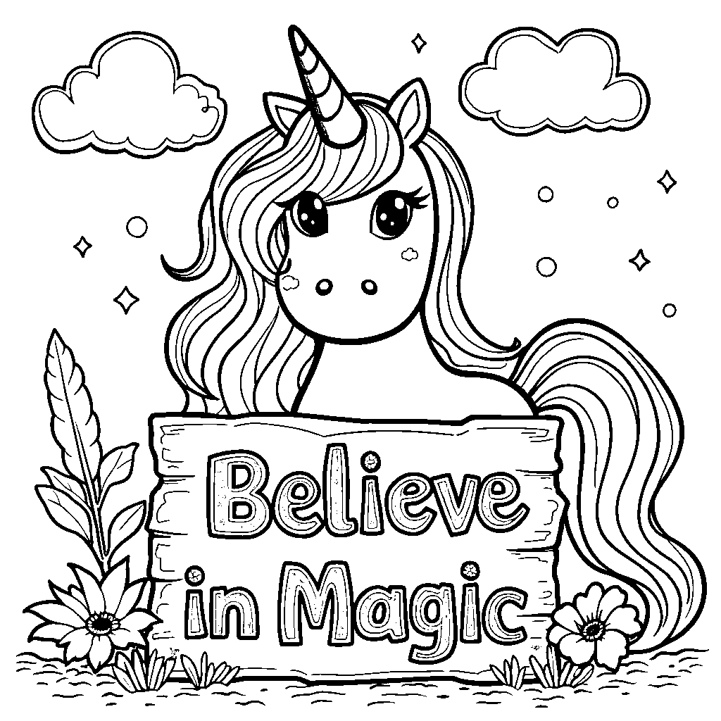 Unicorn holding a sign that says 'Believe in Magic'