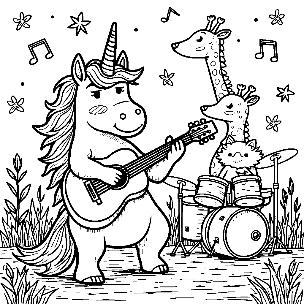 Unicorn making music with a band of animal friends