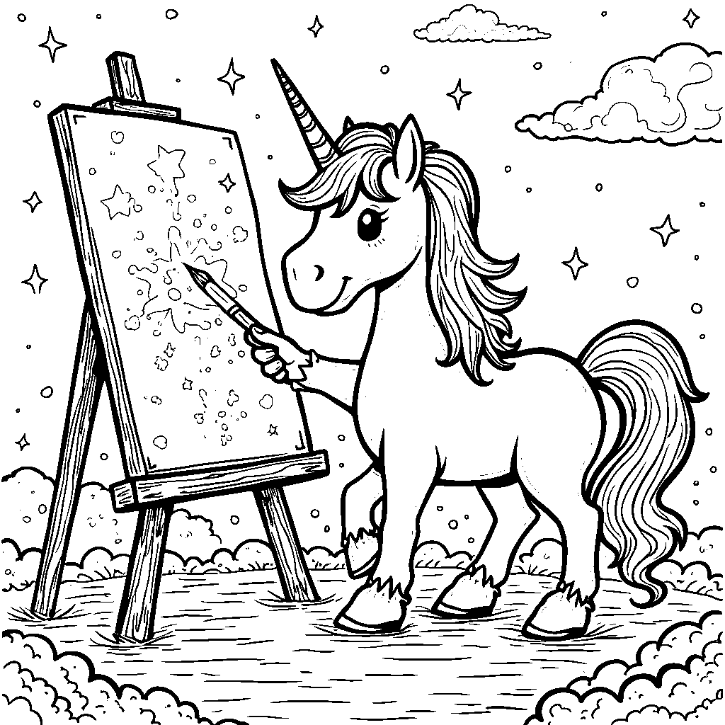 Unicorn painting a masterpiece with a brush made of stars