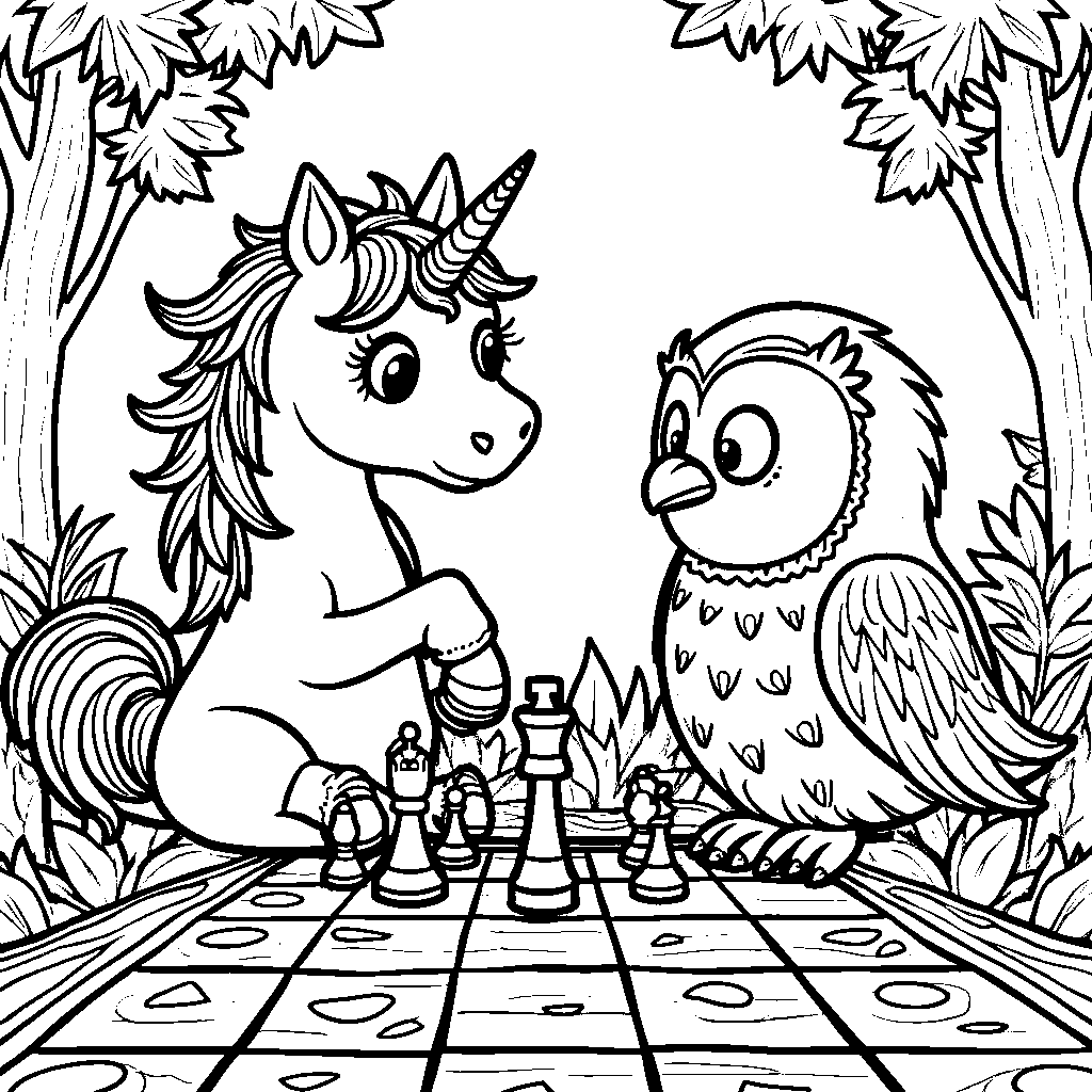 Unicorn playing a game of chess with a wise old owl