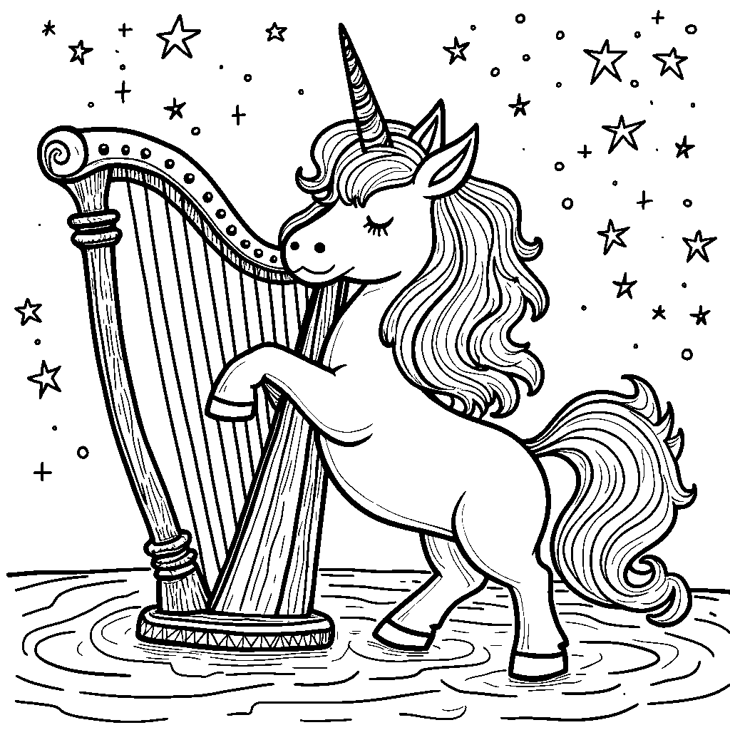 Unicorn playing a magical harp under a starry night sky