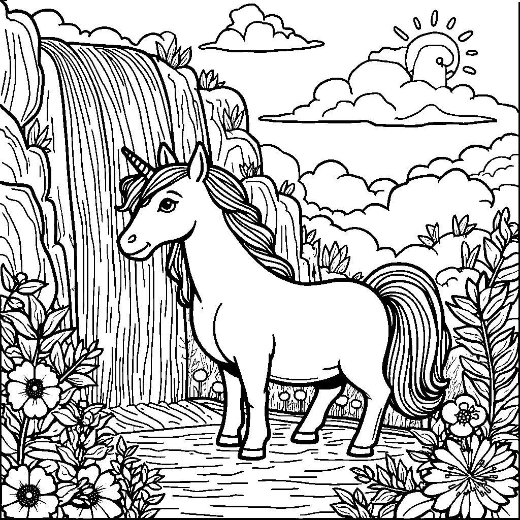 Unicorn playing hide-and-seek behind a waterfall