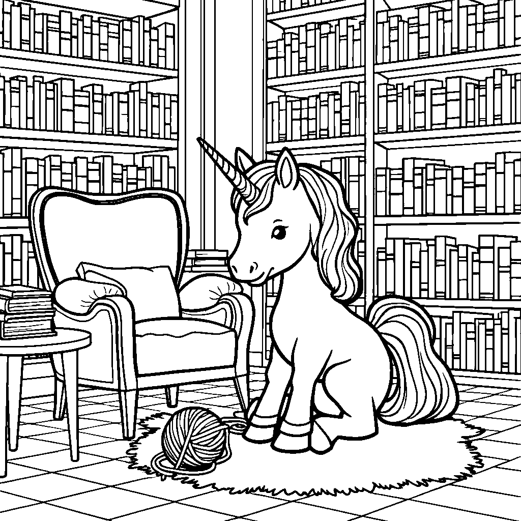 Unicorn playing with a ball of yarn in a cozy library