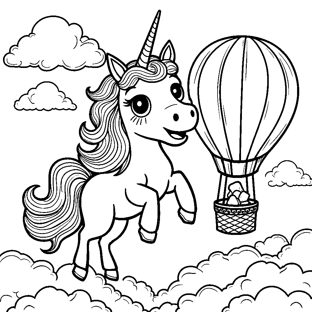 Unicorn riding a hot air balloon above fluffy clouds