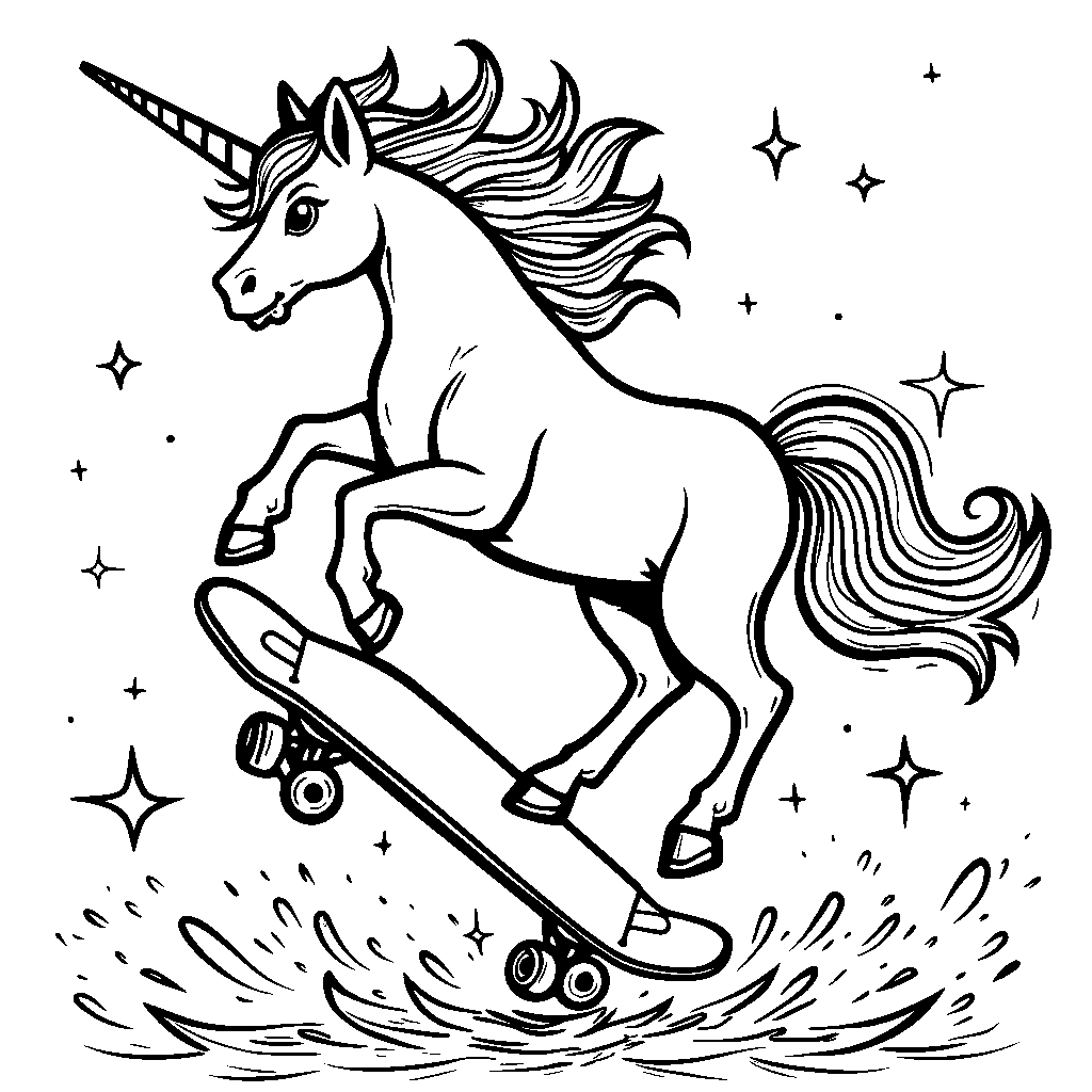 Unicorn riding a rainbow-colored skateboard