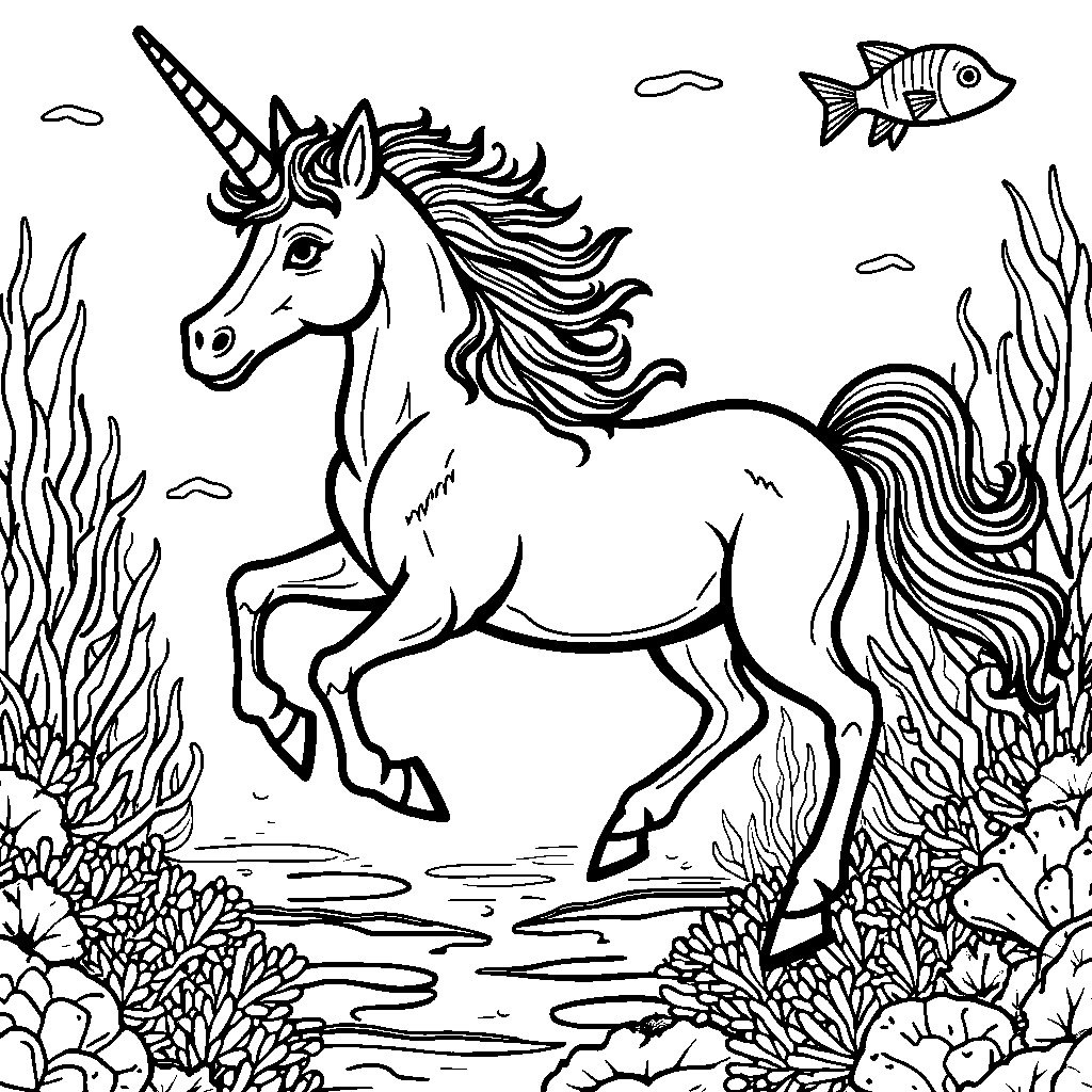 Unicorn riding a seahorse through an underwater kingdom