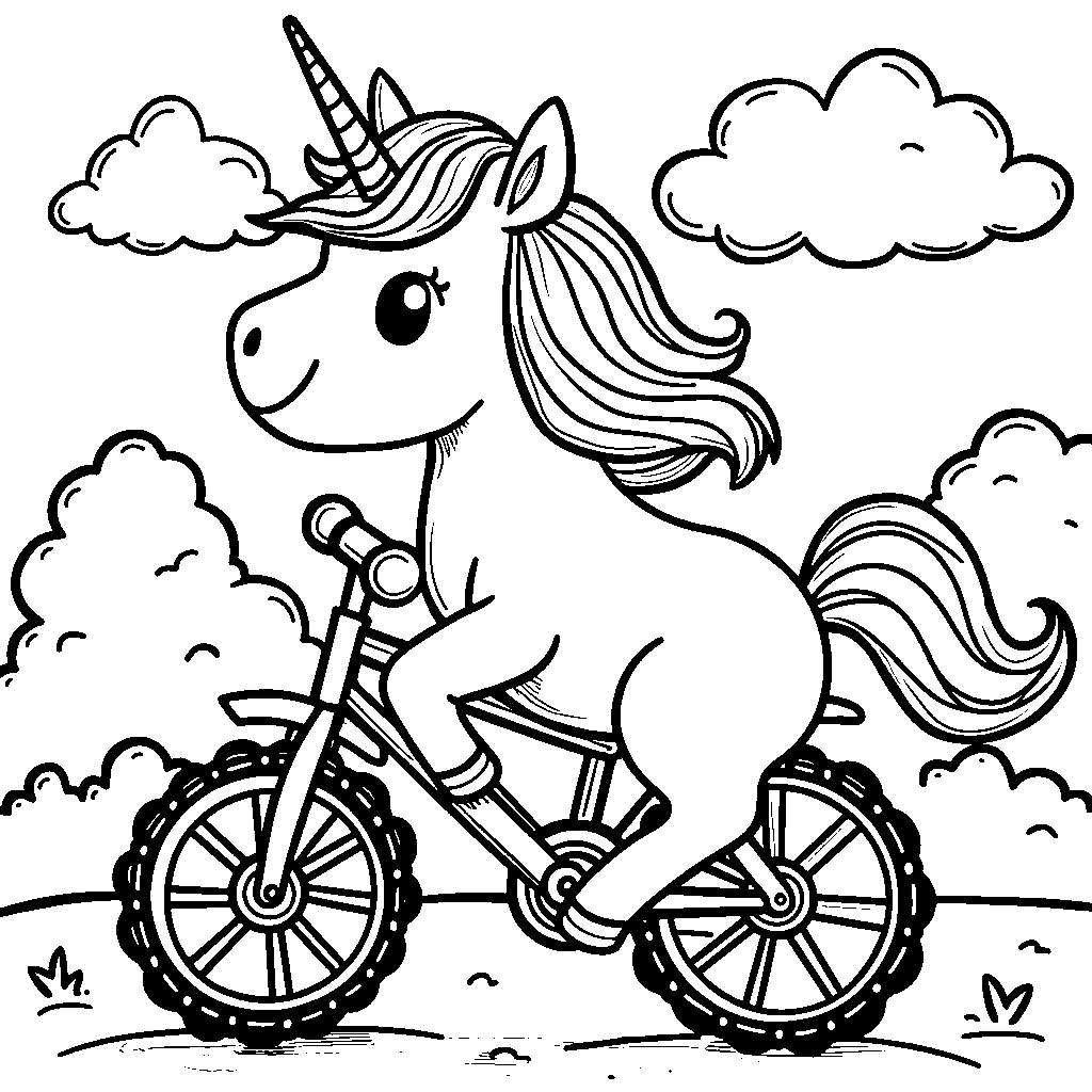 Unicorn riding a unicorn-shaped bicycle