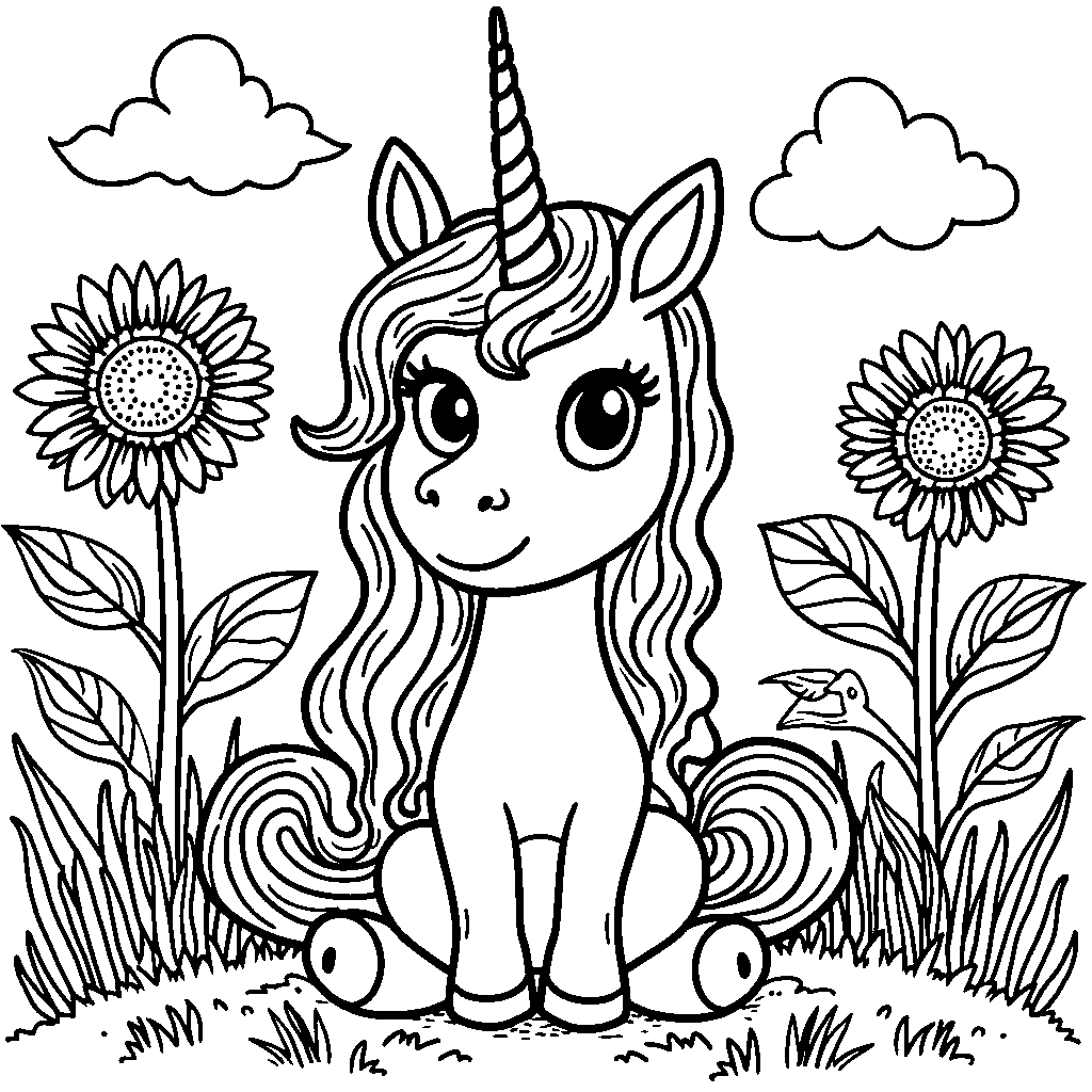 Unicorn sitting in a field of tall, colorful sunflowers