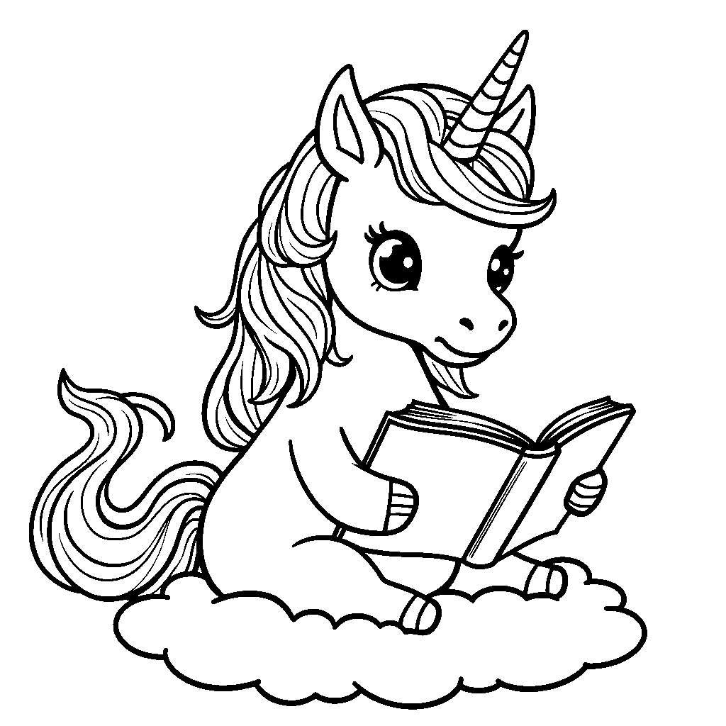 Unicorn sitting on a cloud, reading a book