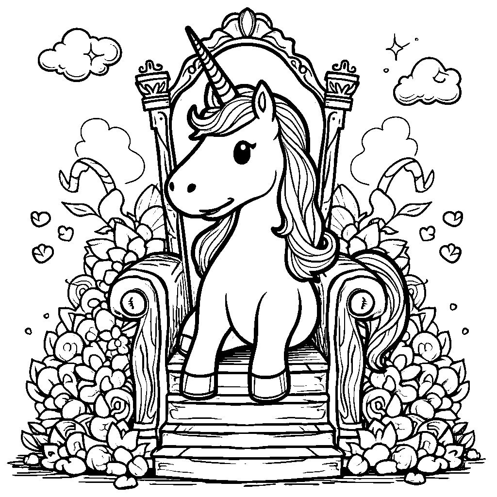 Unicorn sitting on a throne made of candy