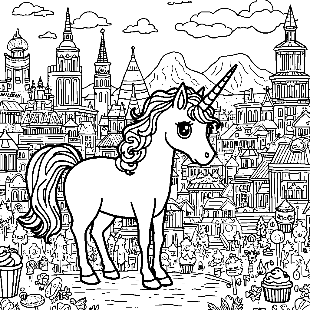 Unicorn standing in front of a city skyline made of candy