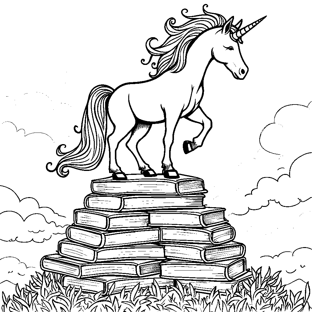 Unicorn standing on a mountain of colorful books