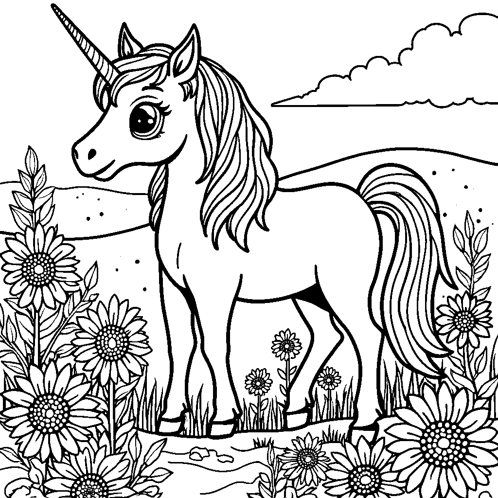 Unicorn surrounded by a garden of colorful flowers