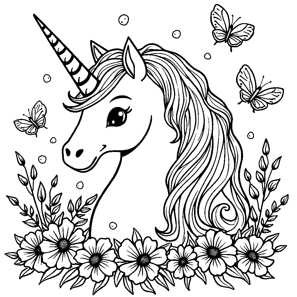 Unicorn surrounded by a swarm of colorful butterflies