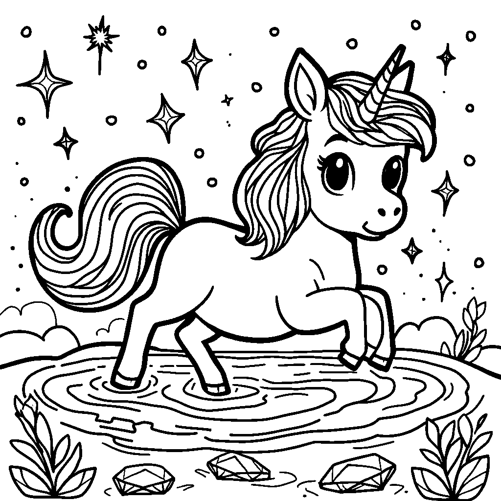 Unicorn swimming in a pool of glittering diamonds