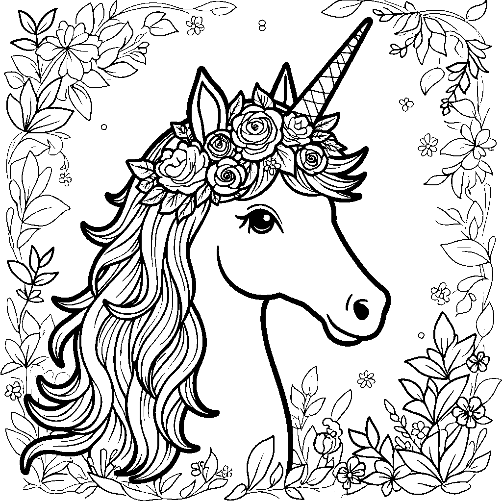 Unicorn wearing a crown made of flowers and leaves