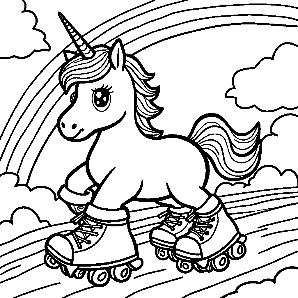 Unicorn wearing a pair of roller skates and gliding on a rainbow