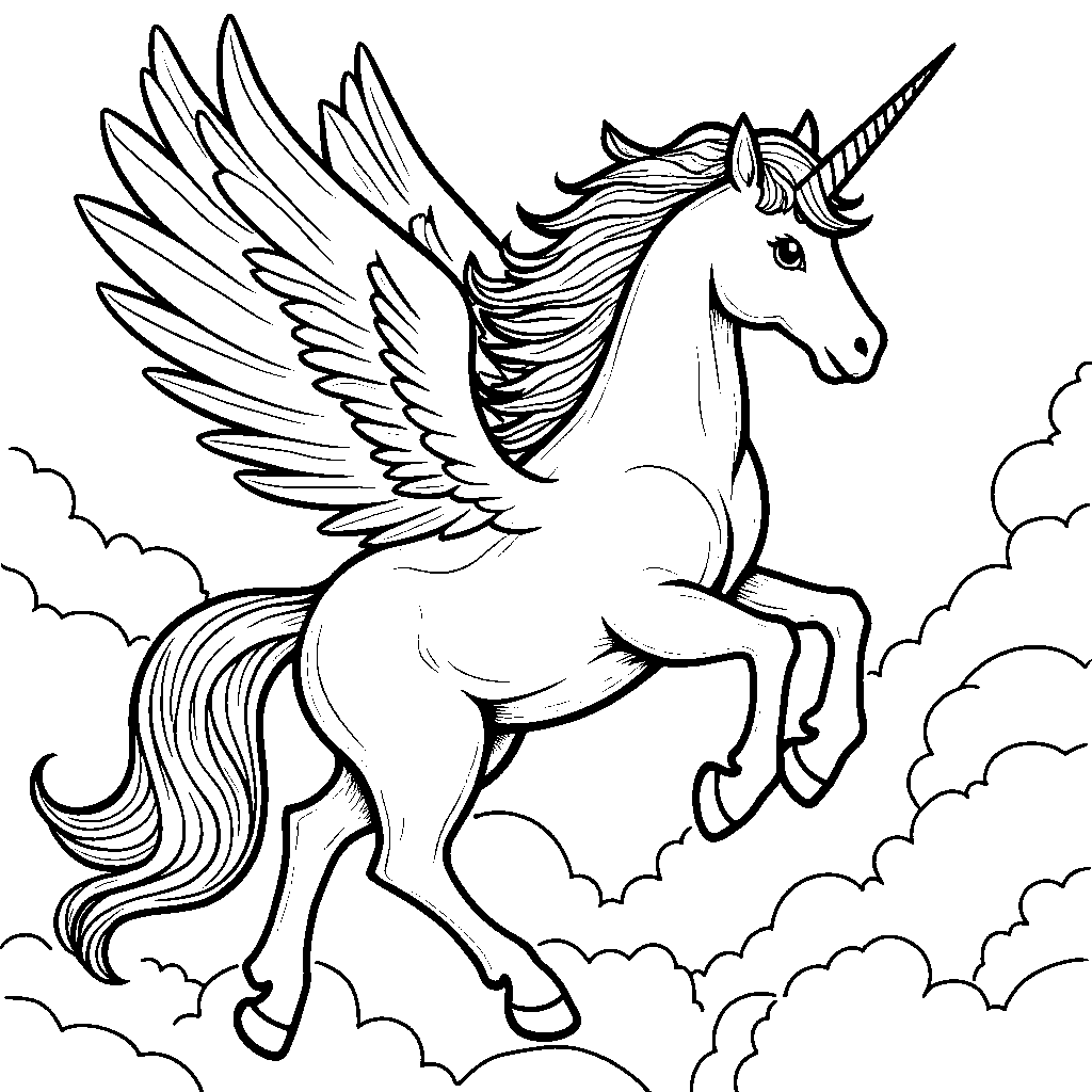 Unicorn wearing a pair of wings and flying high