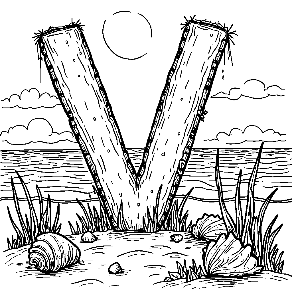 A beach scene with a letter V made of sand